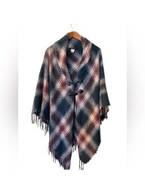 Lucky Belle Women’s Oversized Poncho Fringe Plaid Cape Toggle Closure One Size